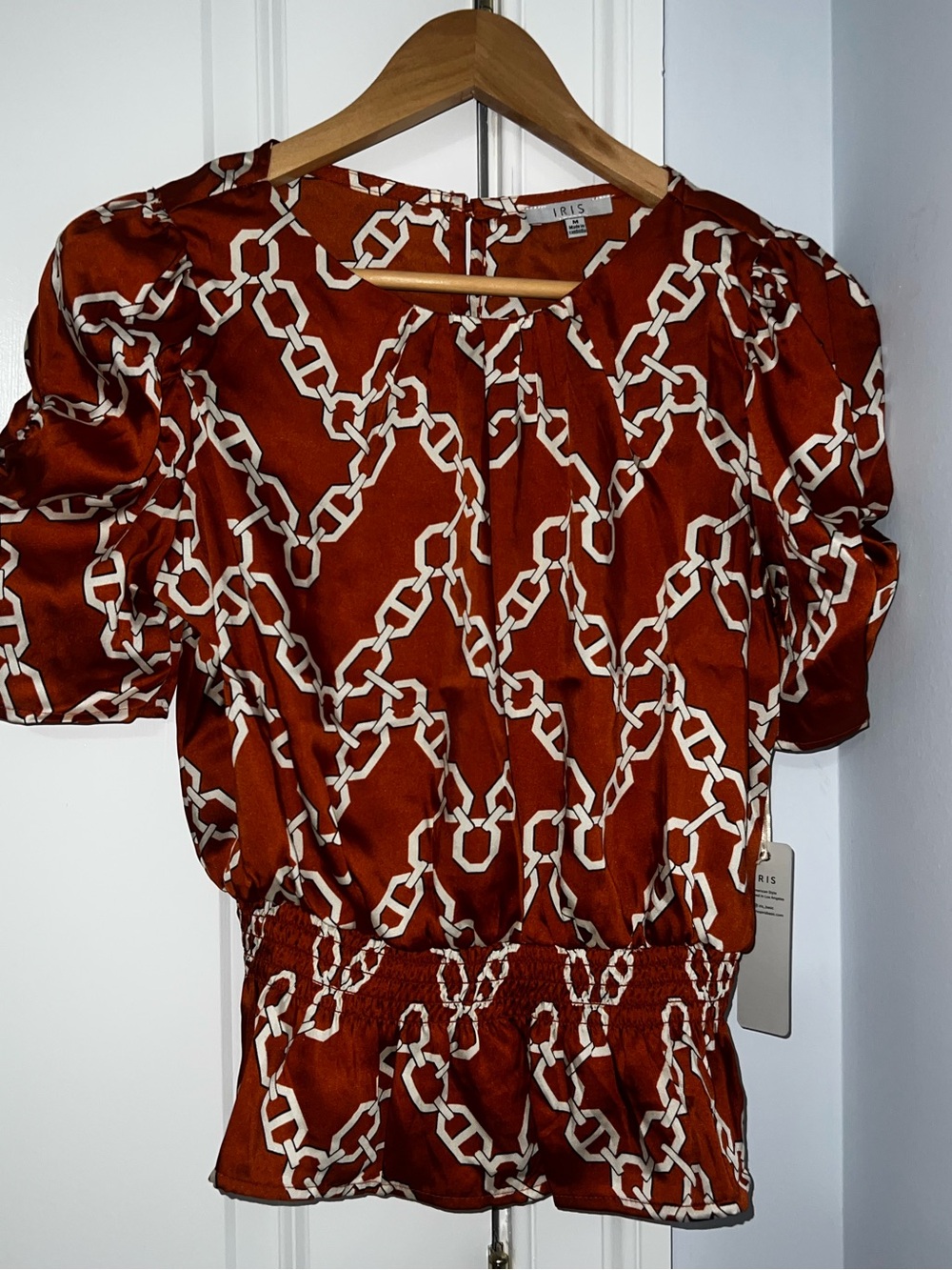Iris Rust Chain-Print Blouse with Smocked Waist